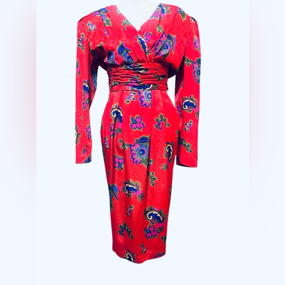 Vintage 80s Red Floral Long Sleeve Midi Dress | Maggy Boutique | Retro Femme